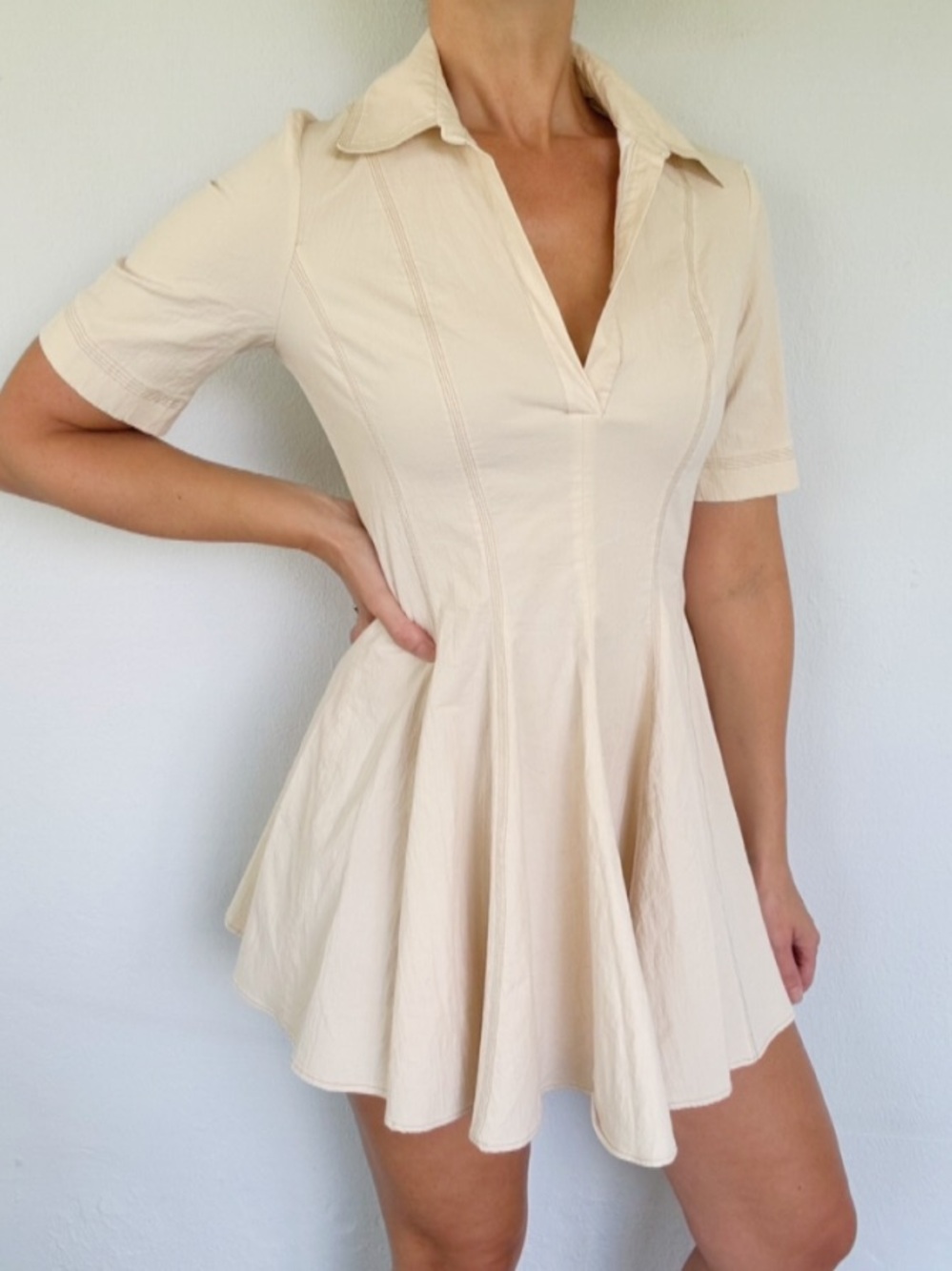 ZARA beige fitted collared v-neck pleated fit and flare mini dress size medium